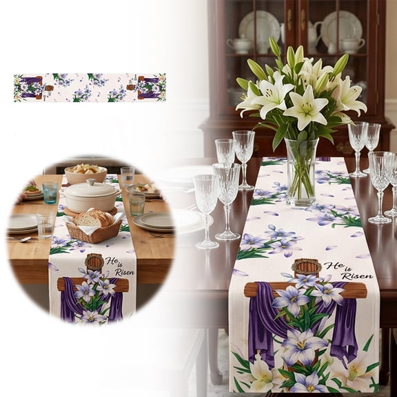 Fall Table Runner Easter Christian Cross Lily Floral Pattern Dining Table Cover Farmhouse Table Runner Kitchen Holiday Party Christian Home Decor (13" x 72")
