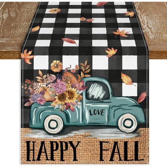 Fall Table Runner, Fall Decorations for Home Pumpkin Truck Fall Runner for Table Seasonal Buffalo Plaid Fall Thanksgiving Holiday Decor for Indoor Outdoor Dining Table Decorations 13 x 72 Inch