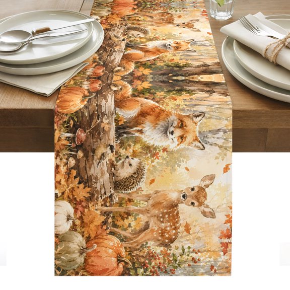 Fall Table Runner, Fawn Deer Red Fox Hedgehog Maple Leaf Forest Farmhouse Washable Kitchen Table Runners Dress Scarves for Dining Table Decorations Party/Restaurant/Indoor Outdoor Use, 13x36in