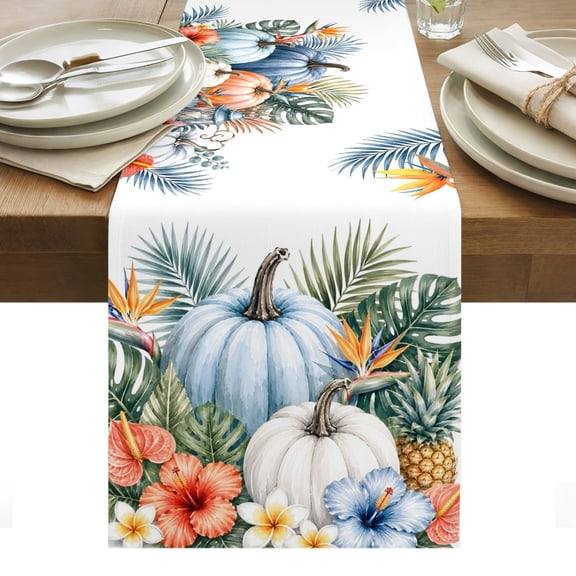 Fall Table Runner, Harvest Pumpkin Tropical Palm Leaf Pineapple Floral Autumn Washable Kitchen Table Runners Dress Scarves for Dining Table Decorations Party/Restaurant/Indoor Outdoor Use, 13x36in