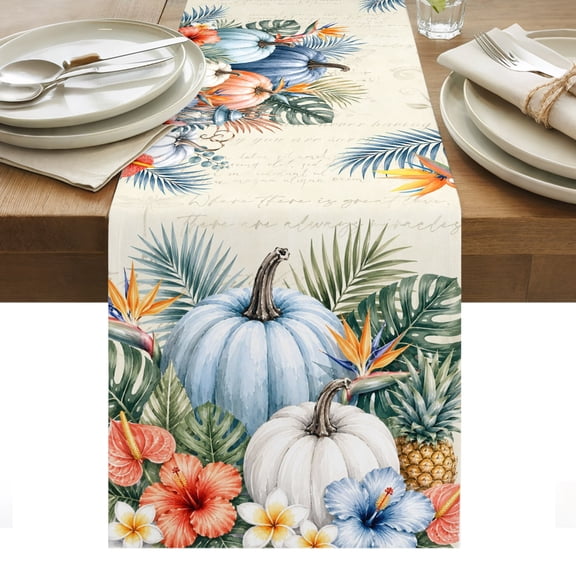 Fall Table Runner, Harvest Pumpkin Tropical Palm Leaf Pineapple Floral Beige Washable Kitchen Table Runners Dress Scarves for Dining Table Decorations Party/Restaurant/Indoor Outdoor Use, 13x36in
