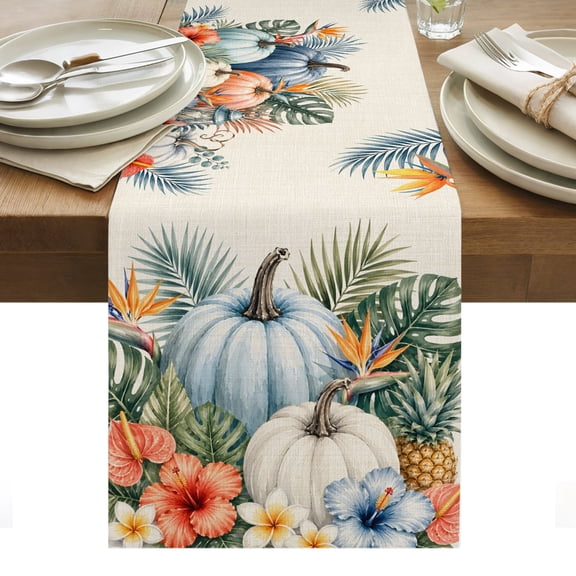 Fall Table Runner, Harvest Pumpkin Tropical Palm Leaf Pineapple Floral Linen Washable Kitchen Table Runners Dress Scarves for Dining Table Decorations Party/Restaurant/Indoor Outdoor Use, 13x36in
