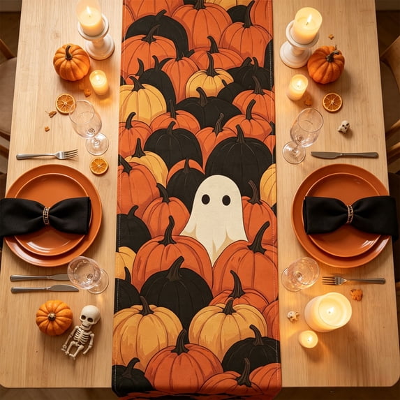 Fall Table Runner Home Party Decor 13x72 Inch, Maple Pumpkin Ghost Halloween Table Runner - Autumn Harvest Themed Table Decoration