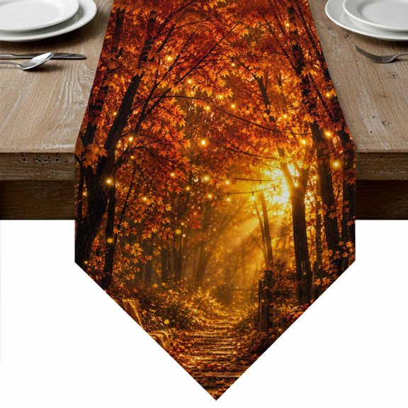 Fall Table Runner Linen Burlap Table Runner 36 Inches Small Farmhouse Rustic Roads Pumpkins Maple Leaves Orange Dresser Scarves for Kitchen Island Coffee Dining Room Party Holiday Decoration 13"x36"