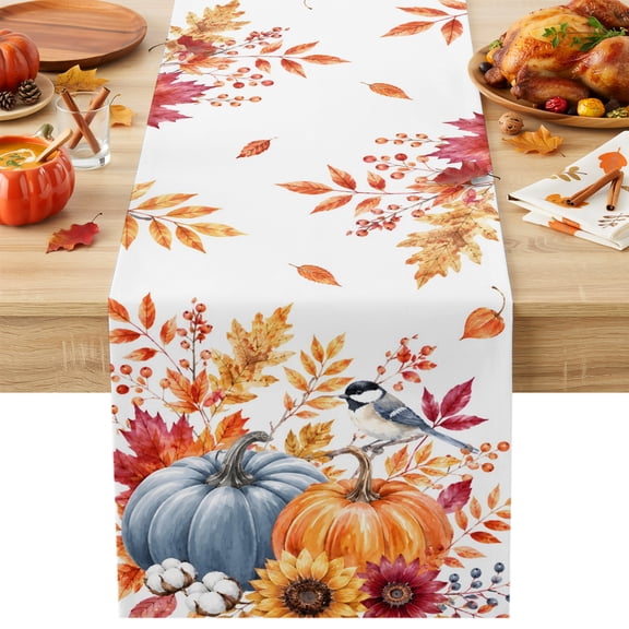 Fall Table Runner, Orange Blue Harvest Pumpkins Maple Leaf Sunflower Bird Decorative Table Runner for Kitchen, Dining‑Room, Banquet and Holiday Party, 13x48 Inch