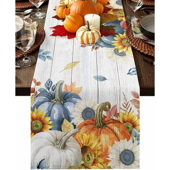Fall Table Runner Pumpkin Cotton Linen Table Runners 120 inches Long, Seasonal Autumn Farmhouse Wood Table Cloth Dresser Scarves, Thanksgiving Kitchen Dining Table Decorations for Home Party Holiday