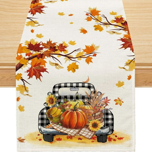 Fall Table Runner Pumpkin Pickup Truck Buffalo Plaid, 13x90 inch, Polyester