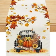 Fall Table Runner, Pumpkin Pickup Truck Buffalo Plaid Table Dining Decoration, 13x36 inch, Polyester