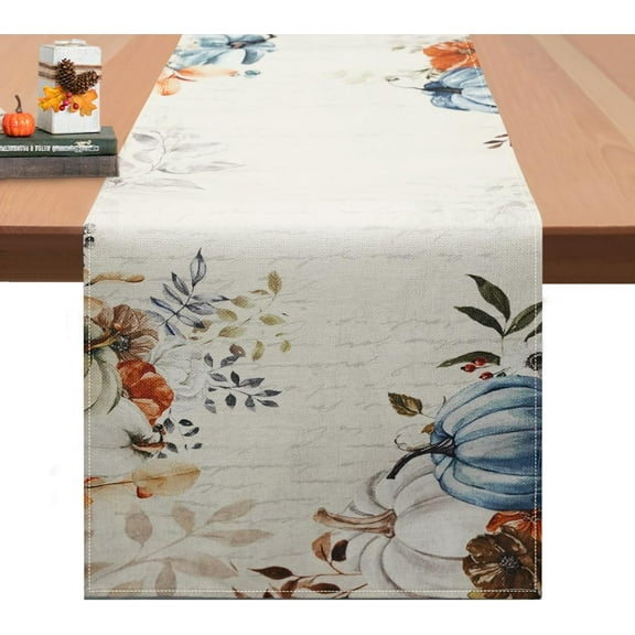 Fall Table Runner Pumpkins Eucalyptus Fall Dining Table Decor Seasonal Harvest Thanksgiving Kitchen Dining Table Decoration for Home Party (13.8x71 Inch, Blue Pumpkin)