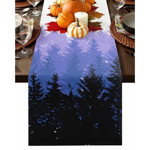 Fall Table Runner Thanksgiving Abstract Forest Table Runners Black Purple Trees Mountain Cotton Linen Dresser Scarf Kitchen Dining Table Decor for Fall Holiday Party Decor 13x36 Inch
