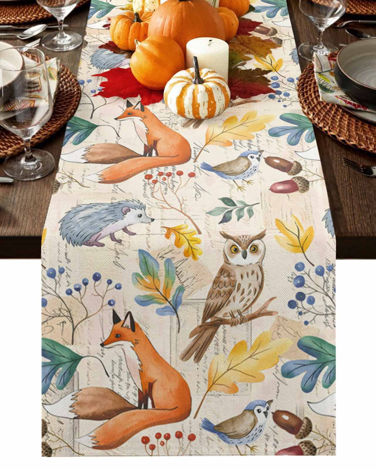 Fall Table Runner Thanksgiving Autumn Animal Table Runners Owl Fox ...