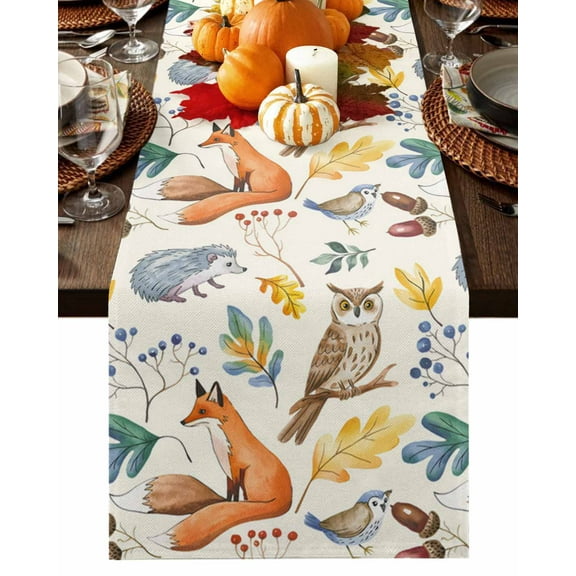 Fall Table Runner Thanksgiving Autumn Animal Table Runners Owl Fox Hedgehog Bird Berry Maple Leaves Cotton Linen Dresser Scarf Kitchen Dining Table Decor for Fall Holiday Party Decor 13x72 Inch