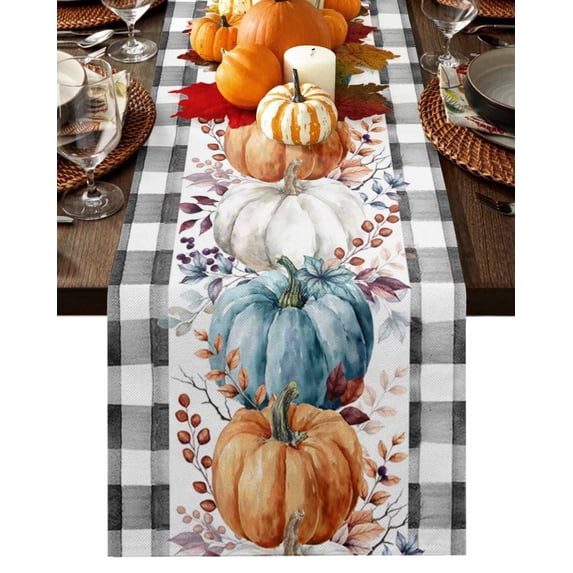 Fall Table Runner Thanksgiving Autumn Eucalyptus Leaf Pumpkin Table Runners Black Buffalo Plaid Cotton Linen Dresser Scarf Kitchen Dining Table Decor for Fall Holiday Party Decor 13x72 Inch
