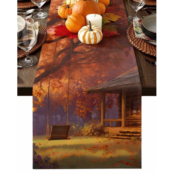 Fall Table Runner Thanksgiving Autumn Forest Swing Table Runners Orange Maple Leaves Cabin Cotton Linen Dresser Scarf Kitchen Dining Table Decor for Fall Holiday Party Decor 13x72 Inch