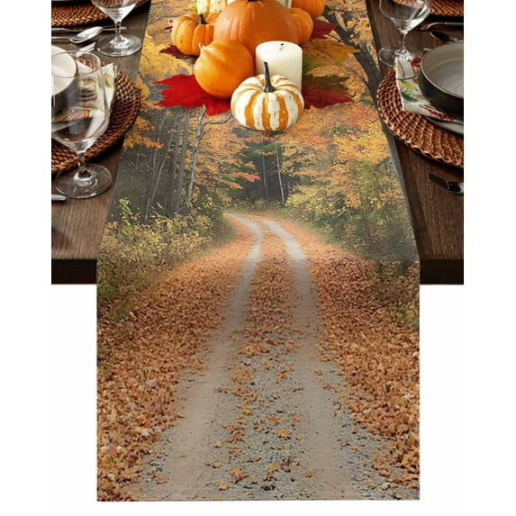 Fall Table Runner Thanksgiving Autumn Forest Table Runners Fallen Maple Leaves Tree Cotton Linen Dresser Scarf Kitchen Dining Table Decor for Fall Holiday Party Decor 13x90 Inch