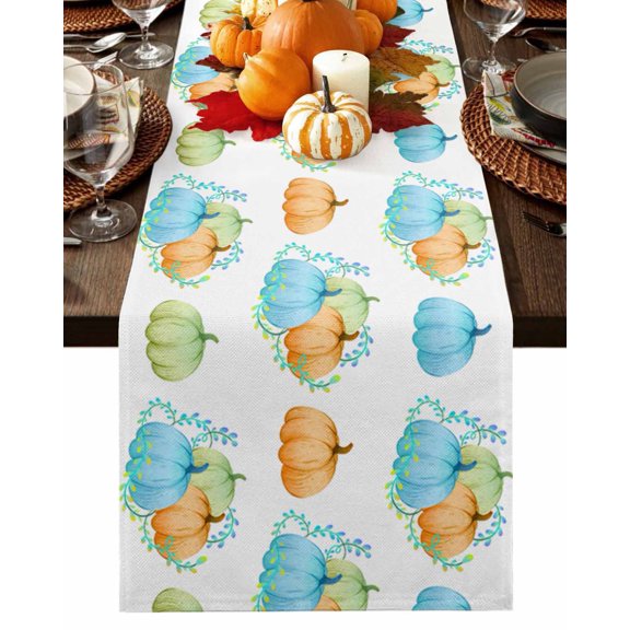 Fall Table Runner Thanksgiving Autumn Pumpkin Vane Table Runners Watercolor Plant White Cotton Linen Dresser Scarf Kitchen Dining Table Decor for Fall Holiday Party Decor 13x72 Inch