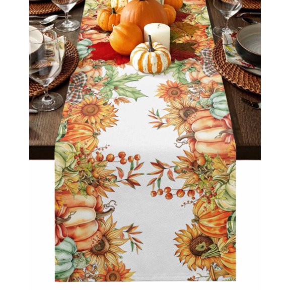 Fall Table Runner Thanksgiving Berry Maple Leaf Table Runners Plaid Pumpkin Sunflower Cotton Linen Dresser Scarf Kitchen Dining Table Decor for Fall Holiday Party Decor 13x36 Inch