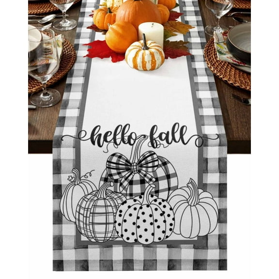 Fall Table Runner Thanksgiving Black White Pumpkin Table Runners Polka Dots Plaid Hello Fall Cotton Linen Dresser Scarf Kitchen Dining Table Decor for Fall Holiday Party Decor 13x36 Inch