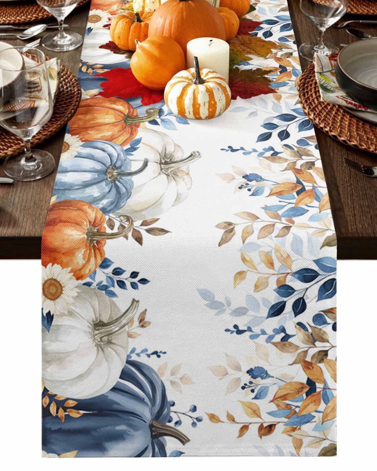 Fall Table Runner Thanksgiving Blue White Orange Pumpkin Table Runners ...