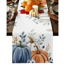 Fall Table Runner Thanksgiving Blue White Pumpkin Table Runners Autumn Flower Leaf Cotton Linen Dresser Scarf Kitchen Dining Table Decor for Fall Holiday Party Decor 13x72 Inch
