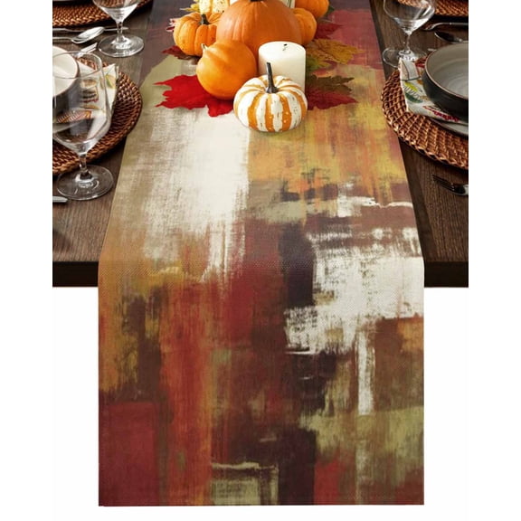 Fall Table Runner Thanksgiving Burnt Orange Oil Painting Table Runners Abstract Graffiti Art Cotton Linen Dresser Scarf Kitchen Dining Table Decor for Fall Holiday Party Decor 13x36 Inch