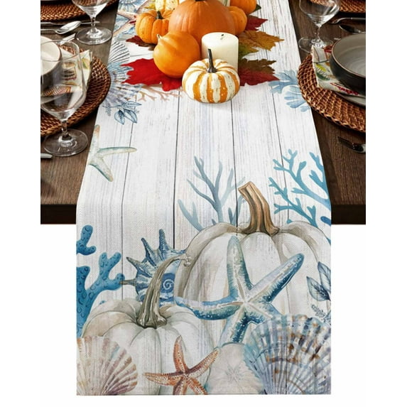 Fall Table Runner Thanksgiving Coastal Coral Starfish Shell Table Runners White Pumpkin Wood Grain Cotton Linen Dresser Scarf Kitchen Dining Table Decor for Fall Holiday Party Decor 13x90 Inch