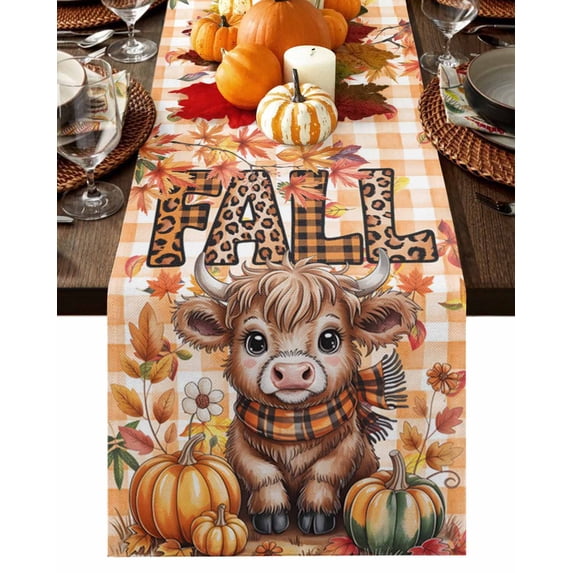 Fall Table Runner Thanksgiving Cow Pumpkin Table Runners Leopard Fall Maple Leaves Orange Plaid Cotton Linen Dresser Scarf Kitchen Dining Table Decor for Fall Holiday Party Decor 13x72 Inch