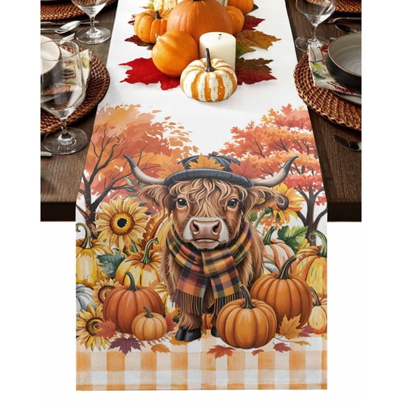 Fall Table Runner Thanksgiving Cow Pumpkin Table Runners Sunflower Maple Leaves Plaid Cotton Linen Dresser Scarf Kitchen Dining Table Decor for Fall Holiday Party Decor 13x36 Inch