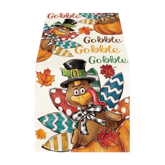 Fall Table Runner Thanksgiving Decor with Pilgrim Turkey Pumpkin Linen Texture Autumn Dining Decor Seasonal Decor Holiday Gift