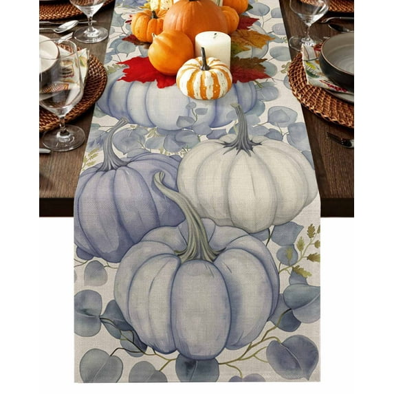 Fall Table Runner Thanksgiving Eucalyptus Leaves Table Runners Pumpkin Cotton Linen Dresser Scarf Kitchen Dining Table Decor for Fall Holiday Party Decor 13x90 Inch