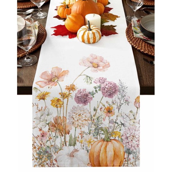 Fall Table Runner Thanksgiving Floral Pumpkin Table Runners Watercolor Wildflower Cotton Linen Dresser Scarf Kitchen Dining Table Decor for Fall Holiday Party Decor 13x36 Inch