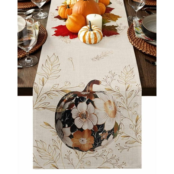 Fall Table Runner Thanksgiving Flower Pumpkin Table Runners Autumn Leaf Cotton Linen Dresser Scarf Kitchen Dining Table Decor for Fall Holiday Party Decor 13x36 Inch
