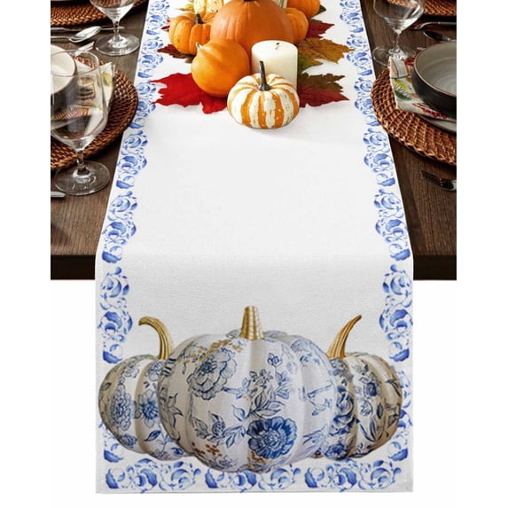 Fall Table Runner Thanksgiving Flower Pumpkin Table Runners Blue Floral Cotton Linen Dresser Scarf Kitchen Dining Table Decor for Fall Holiday Party Decor 13x72 Inch