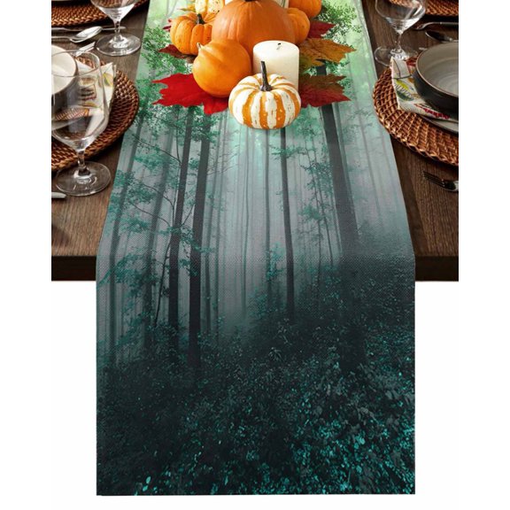Fall Table Runner Thanksgiving Green Forest Table Runners Misty Forest Trees Nature Cotton Linen Dresser Scarf Kitchen Dining Table Decor for Fall Holiday Party Decor 13x36 Inch