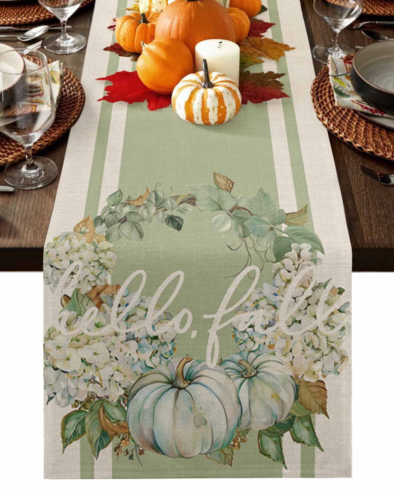 Fall Table Runner Thanksgiving Green Watercolor Pumpkin Table Runners ...