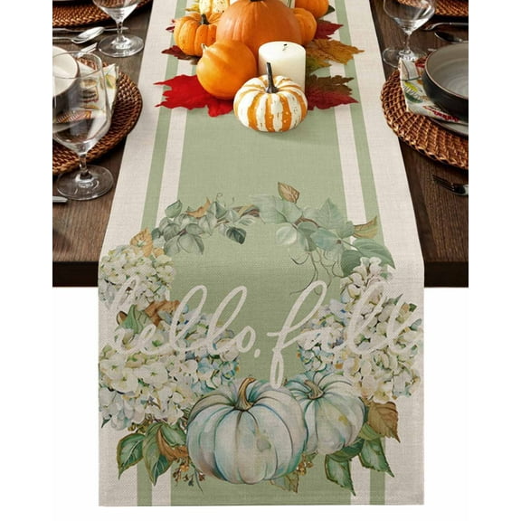 Fall Table Runner Thanksgiving Green Watercolor Pumpkin Table Runners Leaf Stripe Cotton Linen Dresser Scarf Kitchen Dining Table Decor for Fall Holiday Party Decor 13x36 Inch