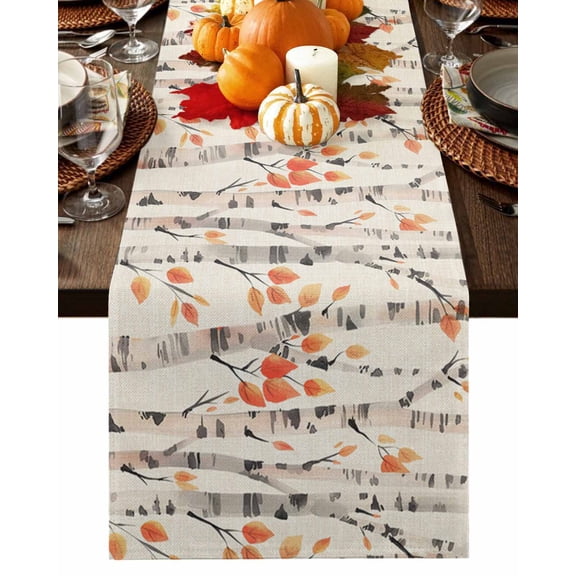 Fall Table Runner Thanksgiving Hand Drawn Tree Table Runners Orange Leaves Forest Beige Cotton Linen Dresser Scarf Kitchen Dining Table Decor for Fall Holiday Party Decor 13x36 Inch