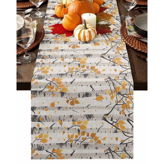 Fall Table Runner Thanksgiving Hand Drawn Tree Table Runners Yellow Leaves Forest Beige Cotton Linen Dresser Scarf Kitchen Dining Table Decor for Fall Holiday Party Decor 13x36 Inch
