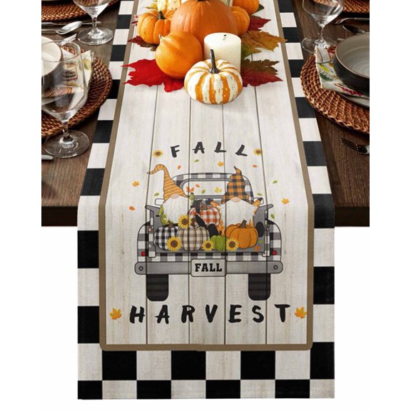 Fall Table Runner Thanksgiving Harvest Pumpkin Gnome Table Runners Autumn Sunflower Wood Plaid Cotton Linen Dresser Scarf Kitchen Dining Table Decor for Fall Holiday Party Decor 13x36 Inch