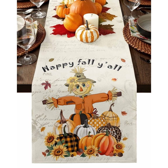 Fall Table Runner Thanksgiving Harvest Pumpkin Scarecrows Table Runners Sunflower Leaf Happy Fall Y'all Cotton Linen Dresser Scarf Kitchen Dining Table Decor for Fall Holiday Party Decor 13x36 Inch