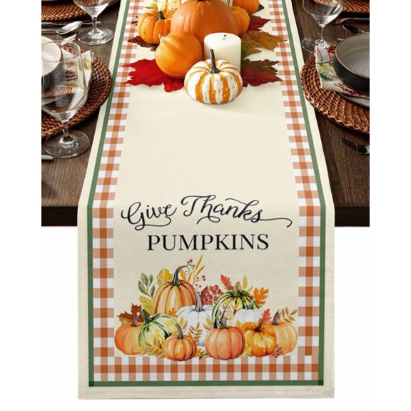 Fall Table Runner Thanksgiving Harvest Pumpkin Table Runners Leaf Plaid Stripes Give Thanks Cotton Linen Dresser Scarf Kitchen Dining Table Decor for Fall Holiday Party Decor 13x36 Inch
