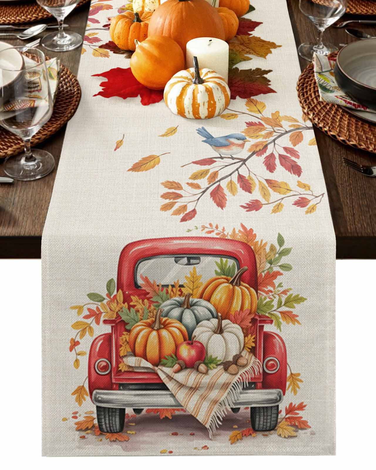 Fall Table Runner Thanksgiving Harvest Pumpkin Truck Table Runners Bird ...