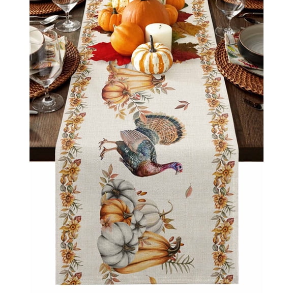 Fall Table Runner Thanksgiving Harvest Pumpkin Turkey Table Runners Sunflower Autumn Maple Leaves Linen Cotton Linen Dresser Scarf Kitchen Dining Table Decor for Fall Holiday Party Decor 13x36 Inch