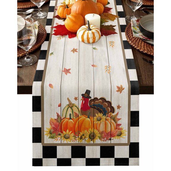 Fall Table Runner Thanksgiving Harvest Pumpkin Turkey Table Runners Sunflower Wood Plaid Hello Fall Cotton Linen Dresser Scarf Kitchen Dining Table Decor for Fall Holiday Party Decor 13x36 Inch