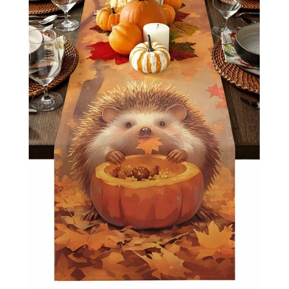 Fall Table Runner Thanksgiving Hedgehog Table Runners Pumpkin Maple Leaves Forest Cotton Linen Dresser Scarf Kitchen Dining Table Decor for Fall Holiday Party Decor 13x90 Inch