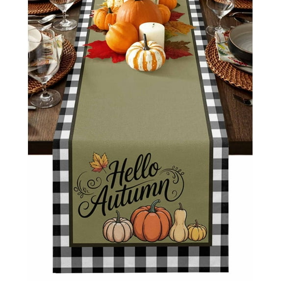 Fall Table Runner Thanksgiving Hello Autumn Pumpkin Table Runners Green Black Plaid Cotton Linen Dresser Scarf Kitchen Dining Table Decor for Fall Holiday Party Decor 13x36 Inch