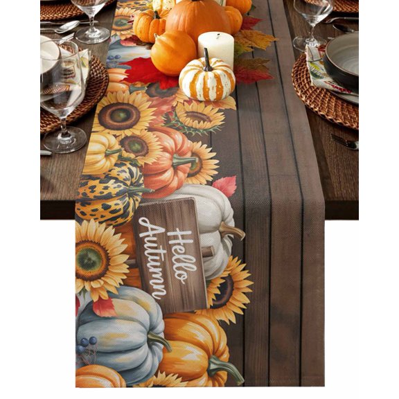 Fall Table Runner Thanksgiving Hello Autumn Table Runners Sunflower Pumpkin Wood Grain Cotton Linen Dresser Scarf Kitchen Dining Table Decor for Fall Holiday Party Decor 13x36 Inch
