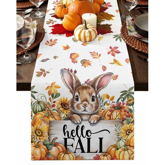 Fall Table Runner Thanksgiving Hello Fall Bunny Table Runners Rabbit Pumpkin Maple Leaves Cotton Linen Dresser Scarf Kitchen Dining Table Decor for Fall Holiday Party Decor 13x36 Inch