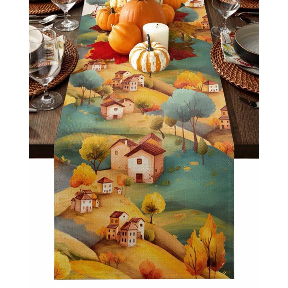 Fall Table Runner Thanksgiving Hill House Table Runners Autumn Tree Forest Mountain Linen Cotton Linen Dresser Scarf Kitchen Dining Table Decor for Fall Holiday Party Decor 13x36 Inch