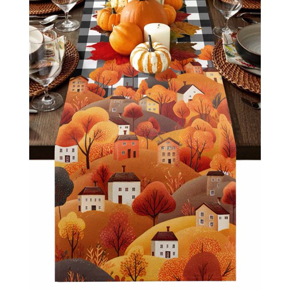 Fall Table Runner Thanksgiving Hill House Table Runners Autumn Tree Mountain Black Plaid Cotton Linen Dresser Scarf Kitchen Dining Table Decor for Fall Holiday Party Decor 13x36 Inch